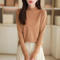 年秋冬新款花边半高圆领针织衫纯色宽松百搭气质打底衫上衣女