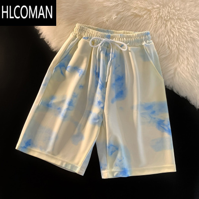 HLCOMAN夏季ins潮扎染五分运动短裤男生外穿薄款bf直筒抽绳阔脚哈伦卫裤