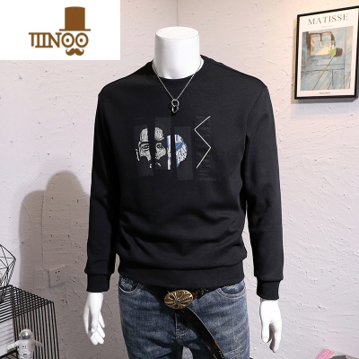 YANXU长袖套头卫衣男休闲圆领创意潮流印花贴布青年帅气修身新品