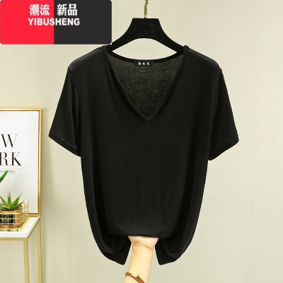 YIBUSHENG莫代尔短袖女季V领打底衫薄款显瘦内搭T恤百搭大码宽松纯色上衣