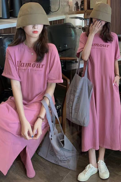 韩国大码T恤女装夏季短袖休闲宽松连衣裙女胖mm洋气过膝懒人裙子