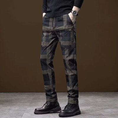 春夏新款六兜格子直筒休闲裤男士潮流显瘦修身型长裤