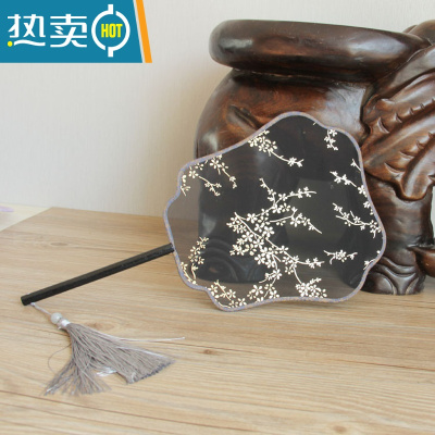 XIANCAI团扇宫扇舞蹈扇唐装汉服配扇中国风复古扇子薄纱烫金手持团圆扇 黑色飞仙