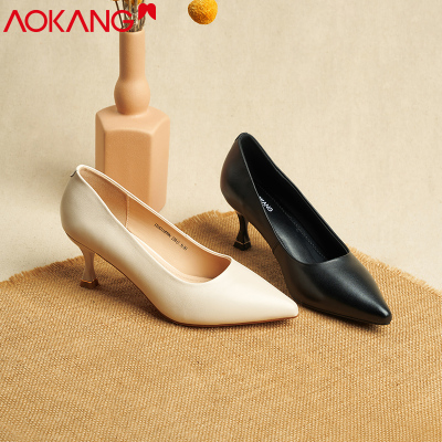 奥康女鞋细跟高跟鞋女牛皮尖头橡胶底空姐工作鞋上班职业鞋