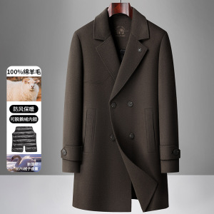 秋冬款鹅绒内胆拆卸全羊毛双排扣大衣中青年男士纯羊毛双面呢外套