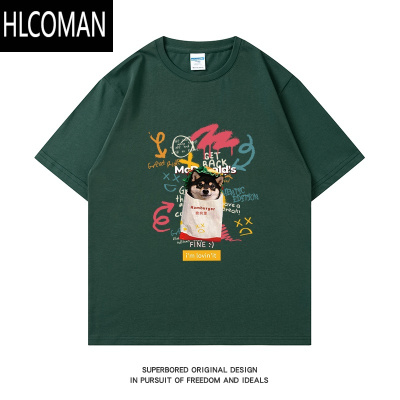 HLCOMAN美式潮牌趣味脆狗堡柴犬印花短袖t恤男夏季休闲宽松圆领半袖