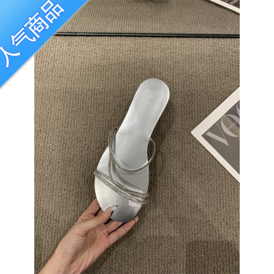 SUNTEK外穿法式凉拖女鞋子2023年春夏新款软平底圆头水钻细带配裙子凉鞋