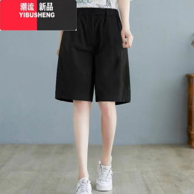 YIBUSHENG棉麻五分短裤女士季薄款大码中年妈妈高腰宽松休闲显瘦阔腿中裤