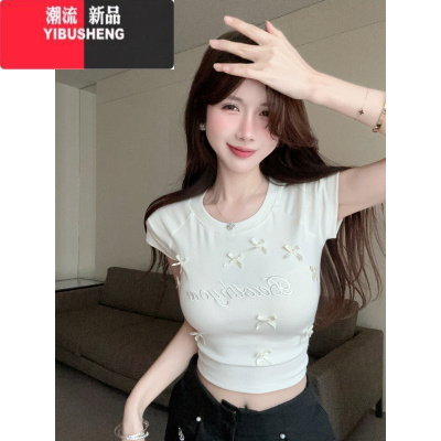 YIBUSHENG季蝴蝶结刺绣减龄甜美短袖正肩T恤女装小个子纯欲辣妹短款上衣