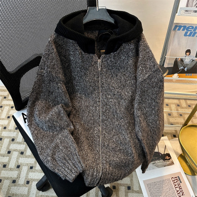 秋季新款青少年连帽慵懒感毛衣简约百搭休闲男女针织衫开衫男外套