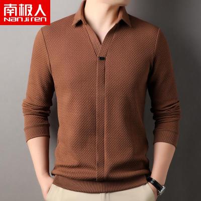 南极人男士长袖T恤翻领假开衫春季加厚男装上衣免熨烫针织T恤衫潮