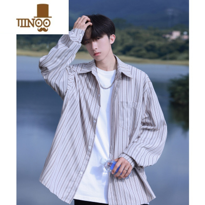 YANXU条纹长袖衬衫男秋季新款日系复古宽松学生潮牌青少年百搭衬衣外套