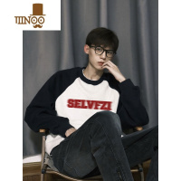 YANXU美式复古潮牌拼色插肩圆领无帽卫衣男款宽松薄款高街上衣