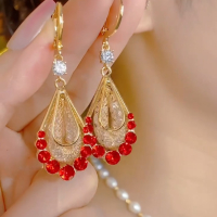 2025新款闪钻双层水滴网纱耳扣耳环高级感耳钉红色耳饰耳坠女送女朋友老婆情人节七夕生日礼物