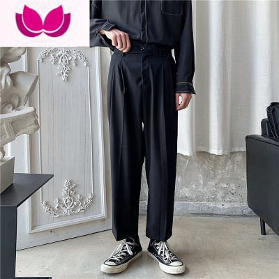 七斓夏季薄款小西裤男士休闲裤宽松韩版直筒裤黑色坠感潮流阔腿长裤子