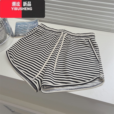 YIBUSHENG韩雨嘉条纹抽绳高腰短裤女季高腰百搭休闲裤修身显瘦直筒裤子