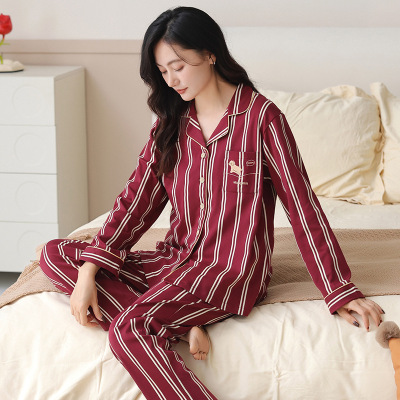 睡衣女秋冬季棉质结婚红色开衫翻领长袖宽松加大码新婚家居服套装