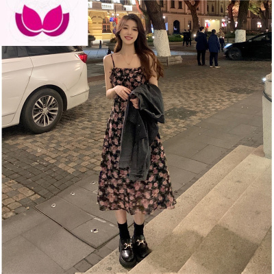 七斓碎花吊带连衣裙套装女早秋法式凡尔赛短款牛仔外套宽松工装套
