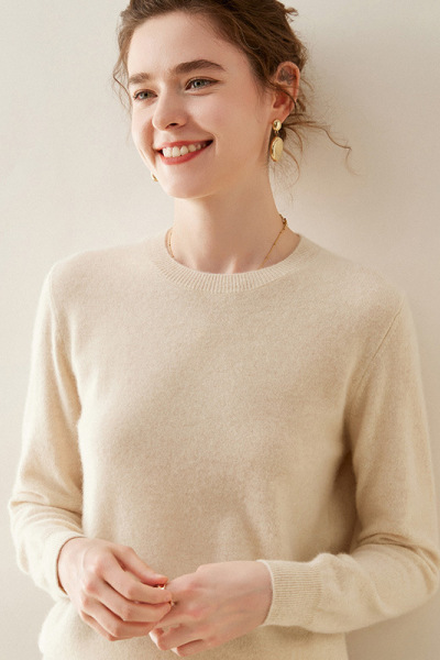 羊绒衫女圆领纯色平针透气保暖套头针织打底衫长袖毛衣女装上衣冬