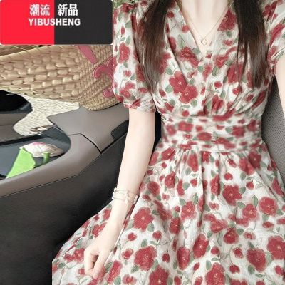 YIBUSHENG法式泡泡袖碎花连衣裙子女季2024新款小个子高级感收腰显瘦长裙
