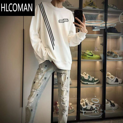 HLCOMAN快手网红加绒加厚t恤长袖潮牌新款斜肩三杠条纹卫衣男潮流痞帅男