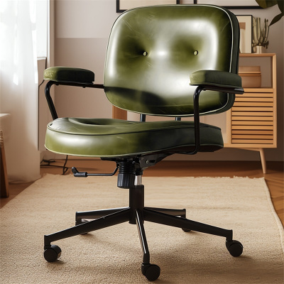 鑫环境 墨绿色皮椅子靠背电脑椅家用书房书桌椅卧室座椅牛皮办公椅旋转椅