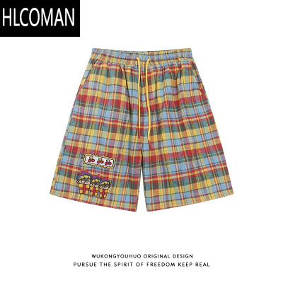 HLCOMAN多巴胺卡通刺绣彩色格子短裤男女夏季休闲百搭抽绳五分裤