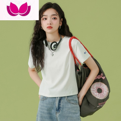 七斓短袖t恤女正肩宽松2023年新款高腰设计感小众甜美小个子短款上衣