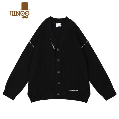 YANXU黑色明线开衫外套男女宽松V领针织衫毛衣休闲厚实毛线衣