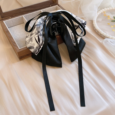 新中式发饰水墨画蝴蝶结飘带发夹古风半扎发后脑勺马尾抓夹头饰女送女朋友老婆情人节七夕生日礼物