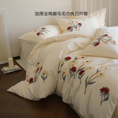 100s秋冬保暖感提花全棉磨毛四件套小众纯棉加厚简约床上用品套件