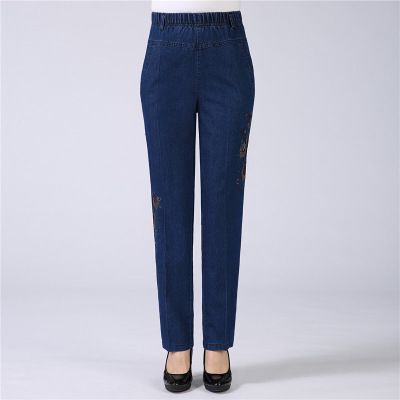 迪鲁奥(DILUAO)新款女装中老年涂层牛仔布裤女高腰妈妈款长裤子绣花大码弹力裤松紧腰裤新款女装 深蓝