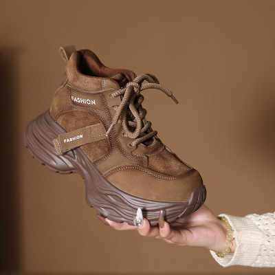 头层牛皮秋冬新款透气休闲运动系带女鞋厚底小个子百搭老爹鞋