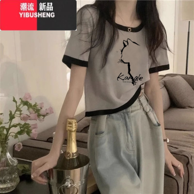 YIBUSHENGt恤女短袖季2024新款显瘦拼色短款上衣修身时尚小众体恤潮
