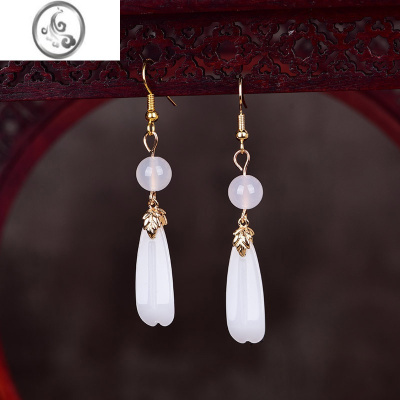 JiMi汉服潮流简约气质长款绿色白琉璃仿玉石耳坠古典复古风耳环女饰品