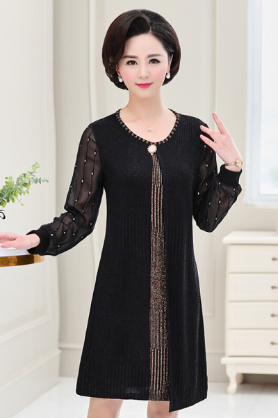 迪鲁奥(DILUAO)同款[品质保障]妈妈装新款秋装中老年女装中长款假两件大码连衣裙妇女上衣服