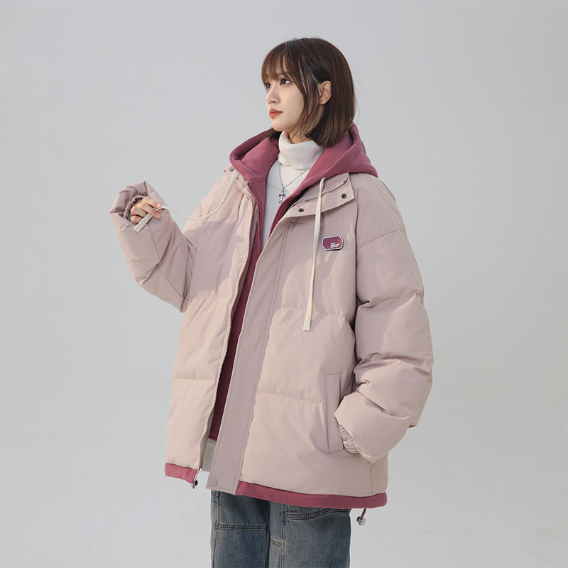 秋冬新款情侣连帽棉衣假两件时尚保暖棉服棉袄外套宽松百搭面包服