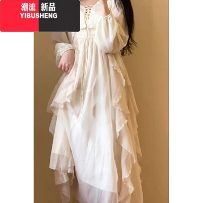 YIBUSHENG法式小众仙度假连衣裙高级感吊带裙气质温柔长袖披肩季两件套