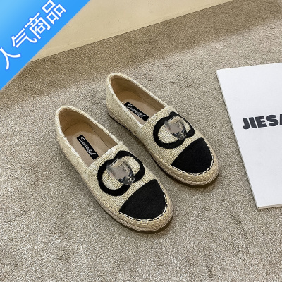 SUNTEK小香风渔夫鞋女2023新款春季草编一脚蹬懒人鞋平底乐福鞋休闲单鞋