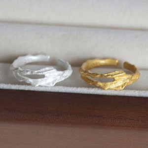 S925纯银不规则古法烧银树枝纹理戒指女开口指环食指戒小众设计感送女朋友老婆情人节七夕生日礼物