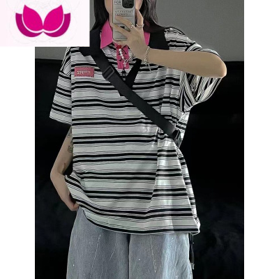 七斓短袖t恤女夏季美式复古条纹设计感小众polo衫宽松百搭半袖上衣ins