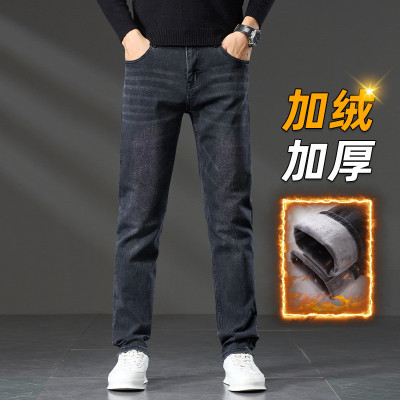 JEEP SPIRIT秋冬加绒加厚黑色修身直筒弹力牛仔长裤