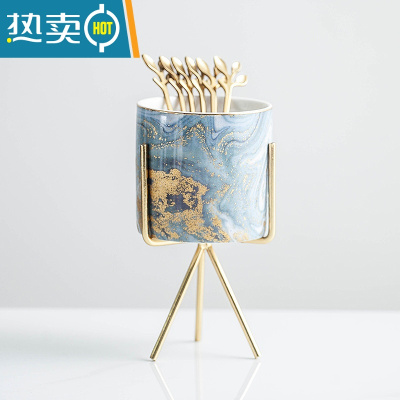 敬平北欧风格创意果叉罐套装叉子家用陶瓷罐子不锈钢水果签果插 流沙金罐一个+三角金架+6根树叶叉