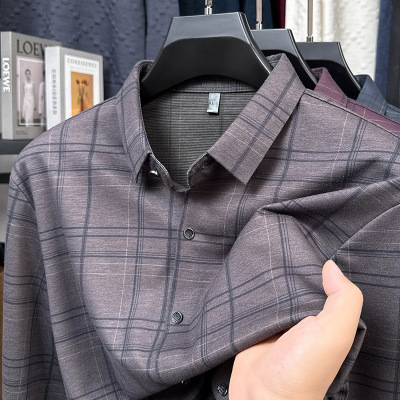 新款男士长袖格子衬衫翻领秋季中年商务时尚休闲含羊毛衬衣
