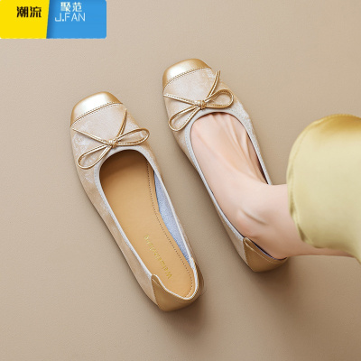 聚范法式单鞋女2024新款秋平底百搭蝴蝶结奶奶鞋软底浅口银色玛丽珍鞋