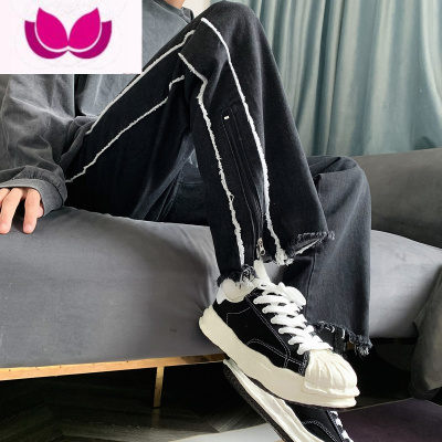 七斓毛边拉链开叉牛仔裤男款微喇直筒裤美式vibe风高街ins潮裤子