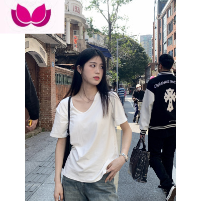 七斓白色V领正肩t恤女短袖夏季2023年新款高级感小众宽松百搭上衣