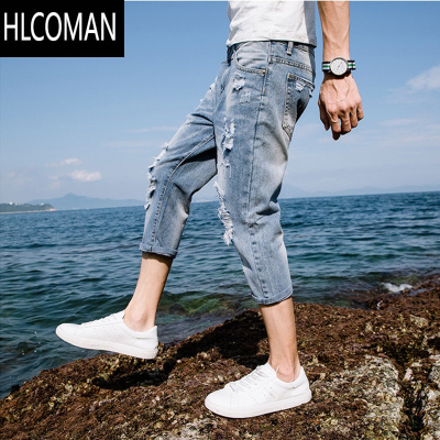 HLCOMAN夏季薄款破洞牛仔短裤男修身七分裤2025新款宽松休闲7分中裤马裤