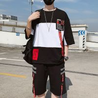 梵克公牛短袖T恤套装男夏季韩版潮流休闲宽松五分袖男学生衣服一套潮牌嘻哈青少年时尚套装搭配短裤两件套