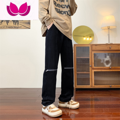 七斓美式vibe风高街复古黑色拉链牛仔裤男宽松直筒设计感小众炸街裤子
